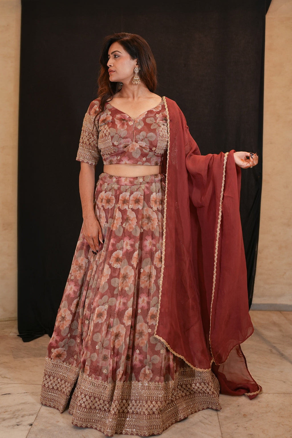 Burgundy Floral Lehenga