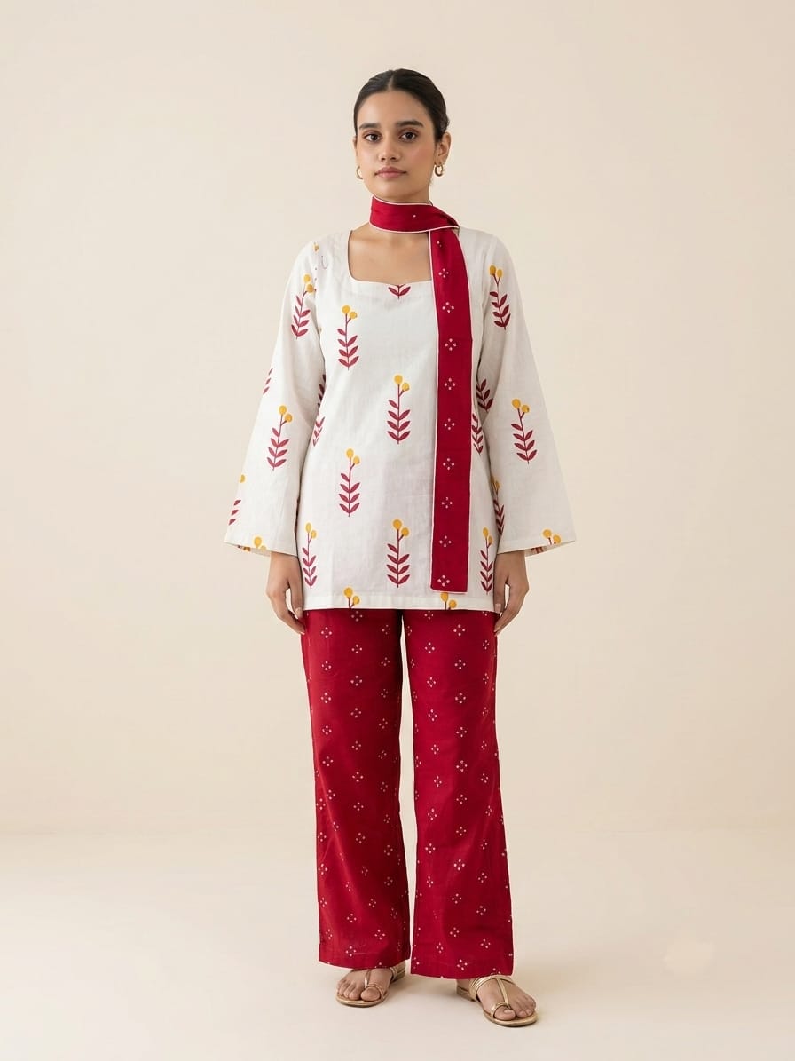 WHITE RED VIRAL KURTI SET