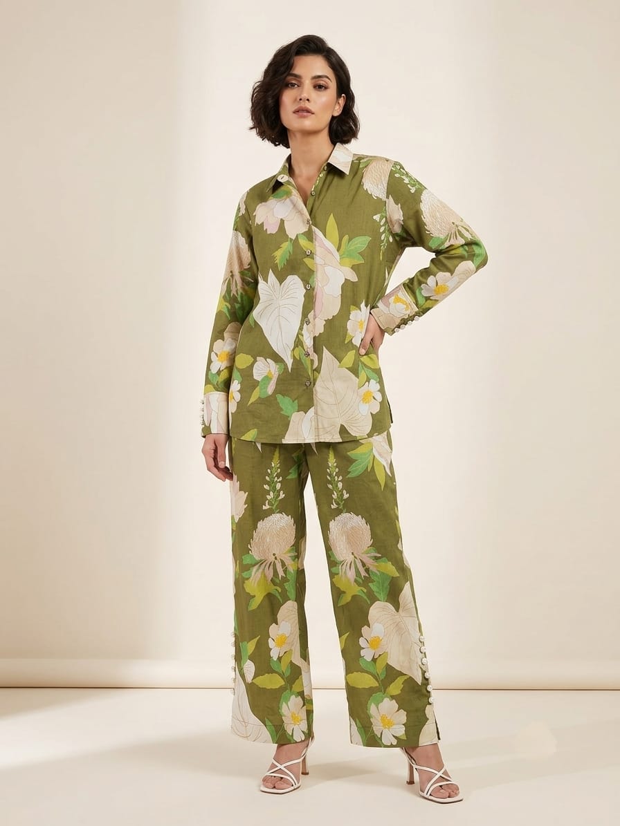OLIVE GREEN FLORAL CORD SET