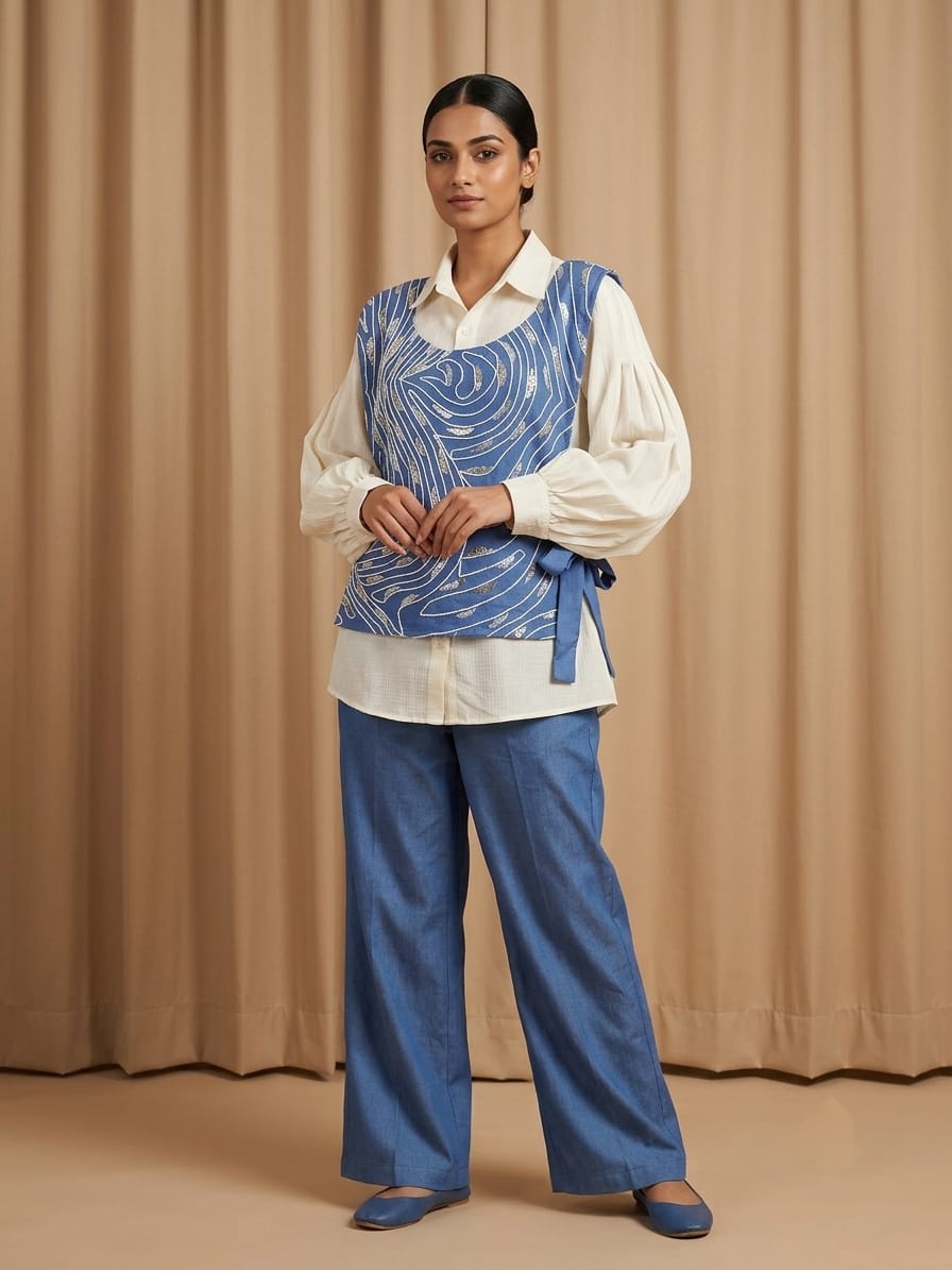 THREE PIECE LAYERED BLUE CORD SET WITH WHITE SHIRT