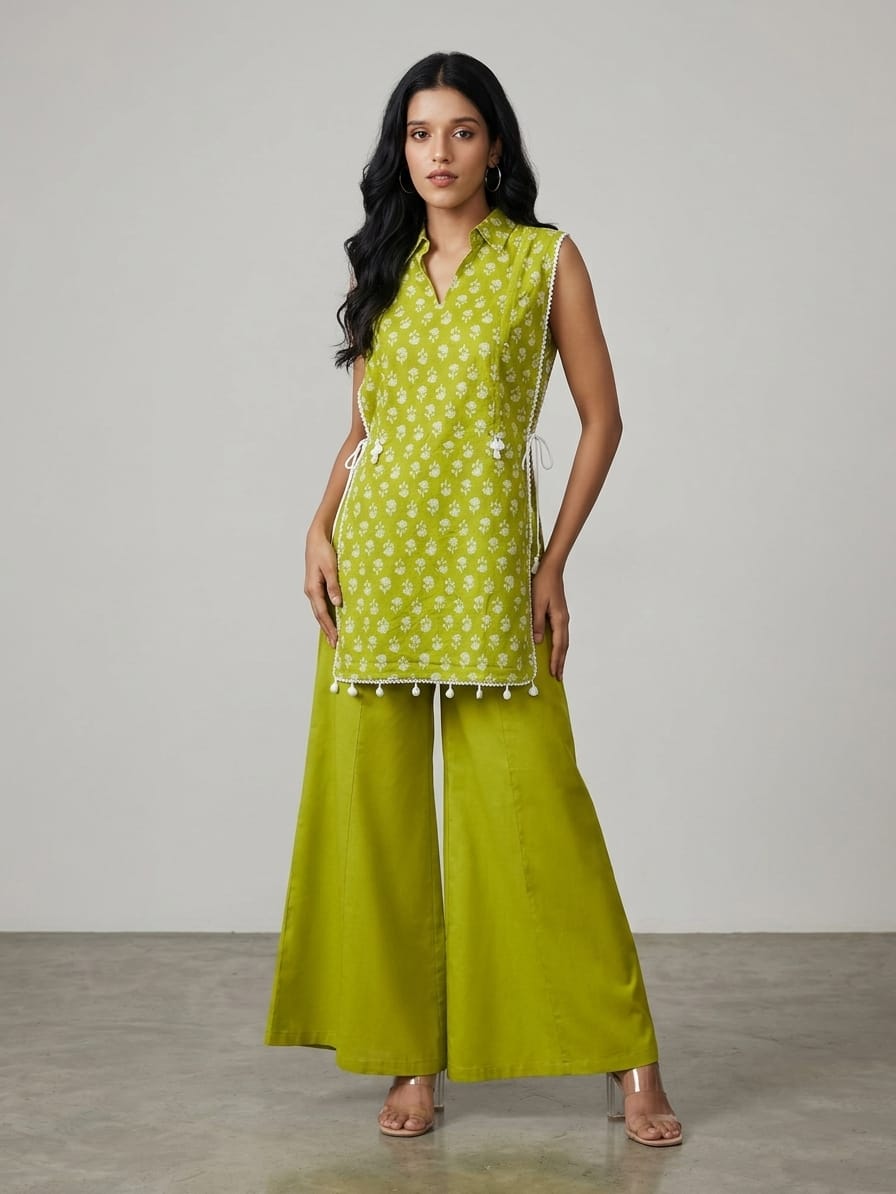 GREEN BLOCK PRINT KURTI SET