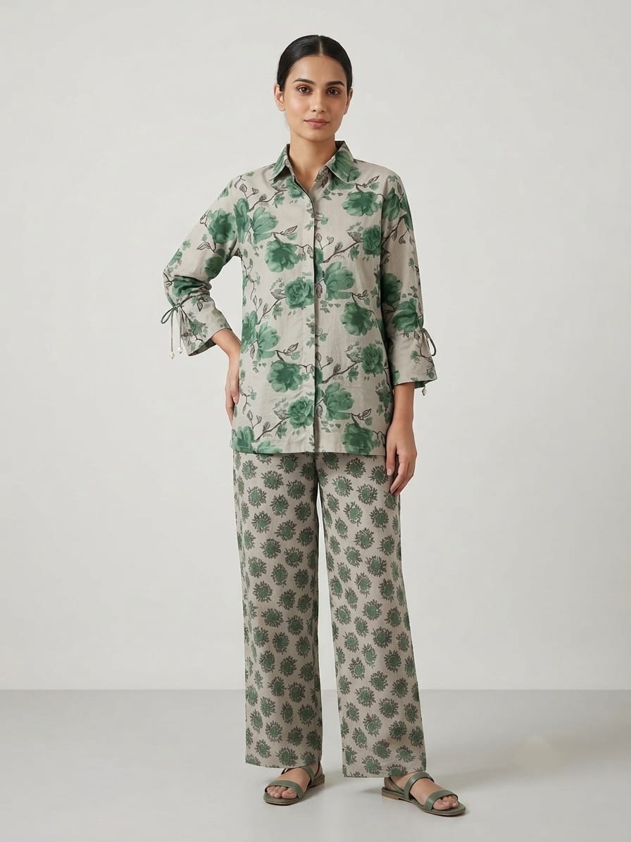 GREEN FLORAL BLOCK PRINT CORD SET